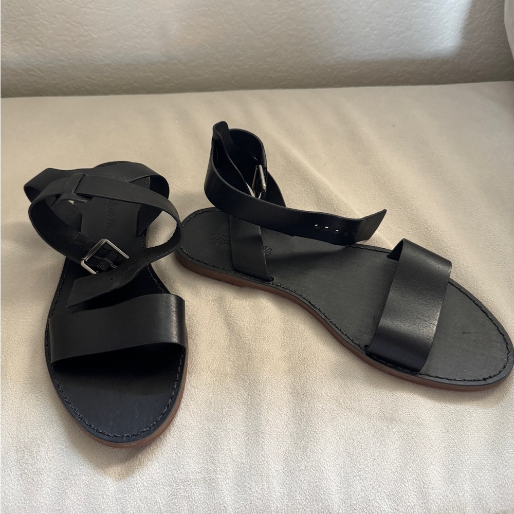 Madewell Black Leather Strappy Flat Sandals